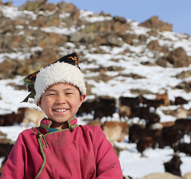 A boy herds his family's cows in Mongolia